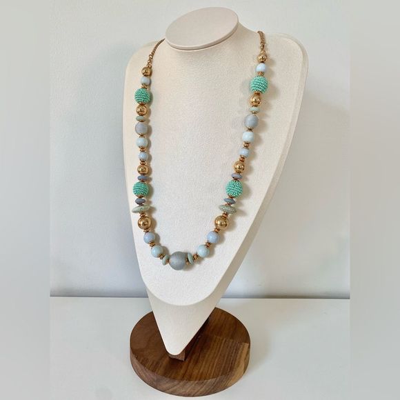 3/$20 Teal Aqua Turquoise Beads Stone Mix Gold Glass Beads Statement Necklace - Picture 4 of 6